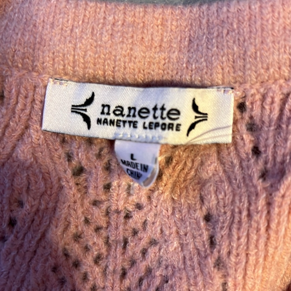 NWT Nanette Lepore Pink V-Neck Sweater Pearl Accents L - Picture 5 of 7
